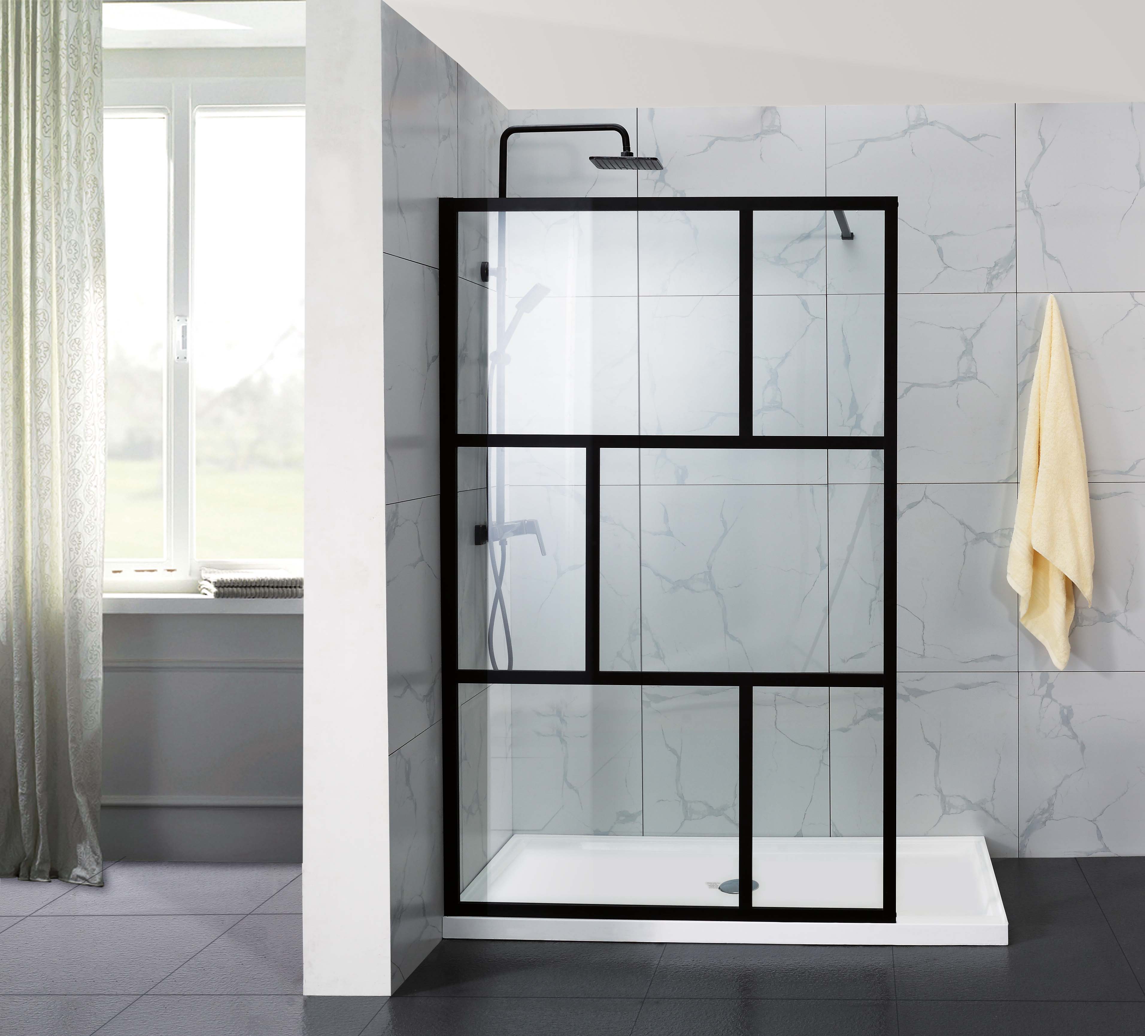 Fully Framed Shower Screen Panel Black Frame 6 Sections 6mm 2000H with support arm